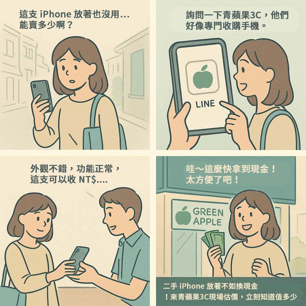 四格漫畫說明 iPhone 收購流程,從加LINE詢價到門市換現金