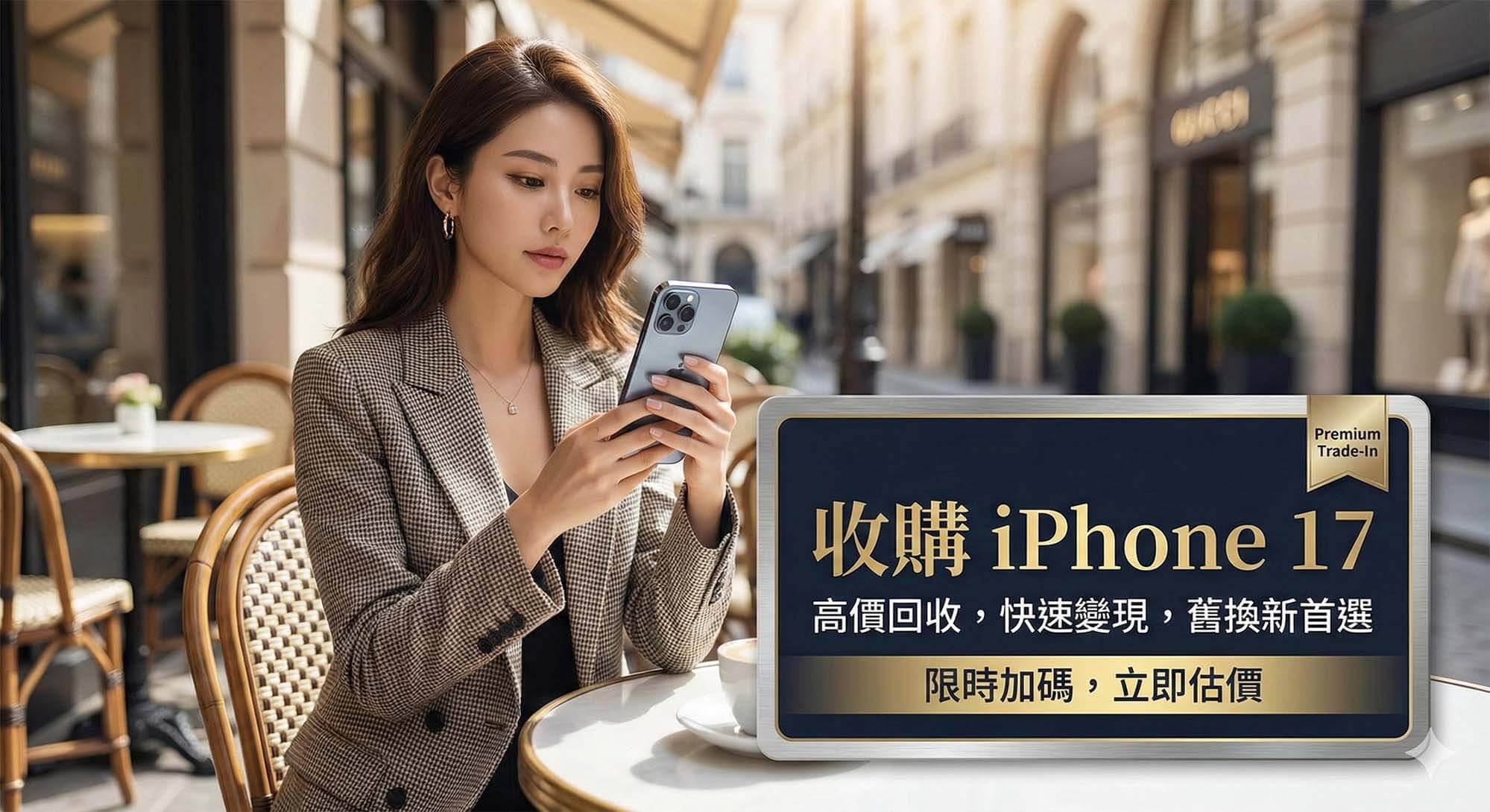 雙手正在進行交易，一手遞出全新未拆封的 iPhone 17 盒裝，另一手接過厚厚的現金，背景有慶祝的彩帶模糊影像，象徵中獎變現 / Hands exchanging a sealed brand new iPhone 17 box for a stack of cash, blurred celebration background, symbolizing lucky draw liquidation.